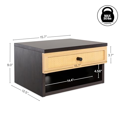 JONATHAN Y Celerie 15.7" Rattan Floating Nightstand, Dark Brown/Light Oak | Soft-Close Storage Drawer, Wall Mounted Side Table, Built-In Cable Hole, Open Shelf Cubby, Mid-Century Modern Bohemian - color: Black/Light Oak, size: Set of 1, style: Celerie