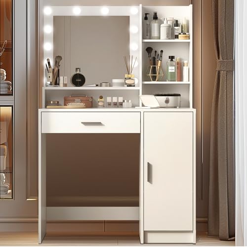 Palimder Vanity Desk with Mirror & Light, Large Drawer Three Level Storage Dresser, 3 Lighting Modes Adjustable Brightness, Bedroom Dressing Table - color: Purewhite