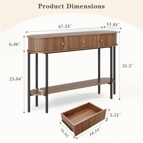 47.2" Entryway Table with Drawer and Storage, Narrow Console Table with Sliding Tambour Doors, Fluted Console Table Behind Couch for Hallway, Foyer, Living Room, Walnut, 220lbs Capacity