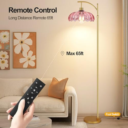 QIYIZM Pink Floor Lamp for Living Room,Bedroom,Gold Dimmable Standing Lamp with Remote,Mid Century Modern Brass Tall Lamp Boho Floor Lamps Arc Stained Glass Flower Floor Light Lamp Girls kids Bohemian - size: 22-Floor Lamp