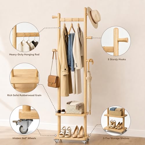 Small Clothes Rack Solid Wood Coat Rack Freestanding with Wheels | Space Saving, Stable 5 Hooks 2 Shelves Coat Tree, Silent 360 Degree Wheels, Heavy Duty 150 lb Capacity for Entryway Bedroom - color: Natural Wood, size: S: 15.7" x W: 11.8" x H: 70" (With