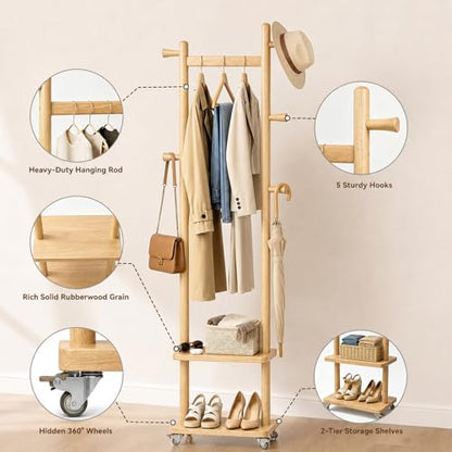 Small Clothes Rack Solid Wood Coat Rack Freestanding with Wheels | Space Saving, Stable 5 Hooks 2 Shelves Coat Tree, Silent 360 Degree Wheels, Heavy Duty 150 lb Capacity for Entryway Bedroom - color: Natural Wood, size: S: 15.7" x W: 11.8" x H: 70" (With