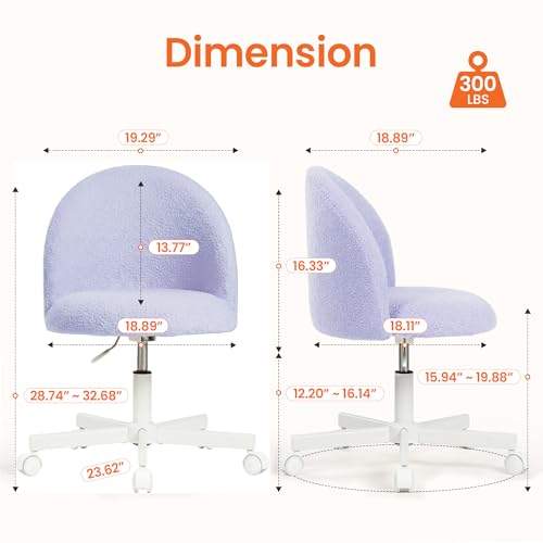 NEO CHAIR Vanity Chair with Wheels, Comfy Adjustable Armless Seat, Purple | Small Cozy Teddy Fleece, Padded Comfortable Back Support, Durable Base for Makeup, Reading, Computer Use, or Office Tasks - color: Purple