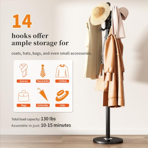 Metal Coat Rack Stand Coat Rack Freestanding with 360° Rotary,Black | Modern Coat Rack with 360° Rotary Design Sturdy Heavy Duty Hall Tree Hats Hanger Holder Stand 14 Hooks for Hallway Office - color: Black with Rotatable Hooks