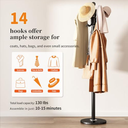 Metal Coat Rack Stand Coat Rack Freestanding with 360° Rotary,Black | Modern Coat Rack with 360° Rotary Design Sturdy Heavy Duty Hall Tree Hats Hanger Holder Stand 14 Hooks for Hallway Office - color: Black with Rotatable Hooks