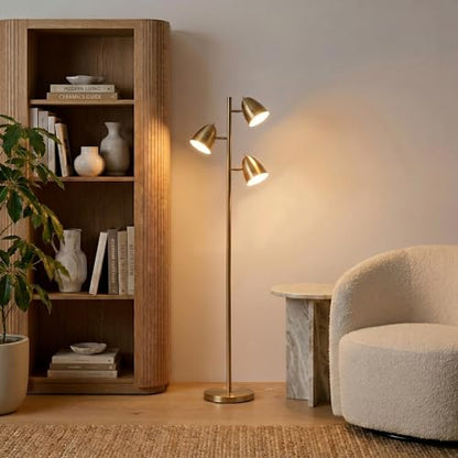 Brightech Jacob LED Standing Lamp, Modern Bright Floor Lamps for Living Rooms & Bedrooms, Tall LED Lighting Lamp with Adjustable 3 Light Tree – Antique Brass/Gold - color: Brass