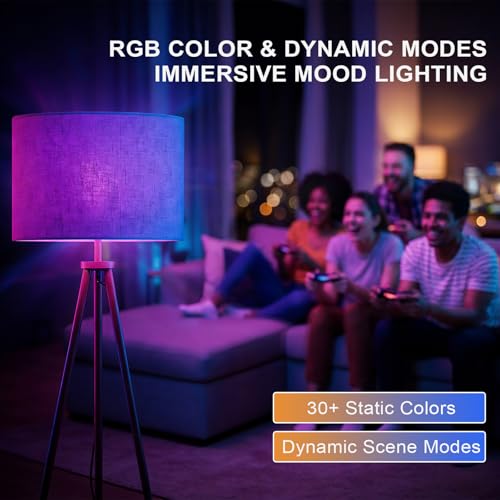 58.3" Mid-Century Tripod Floor Lamp with Shelf, Hidden Wiring, RGB Dimmable Bulb Included, Remote & App Control, Iron Corner Standing Lamp with Linen Shade for Living Room Bedroom