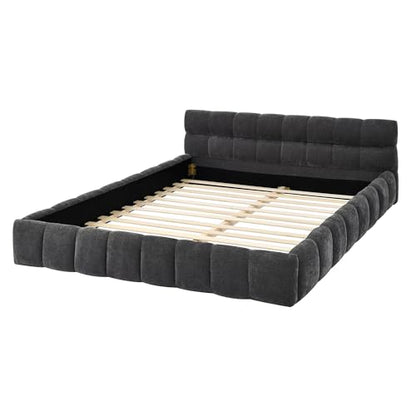 Chenille Fabric Upholstered Platform Bed Frame with Soft Headboard, Modern Low Profile Grounded Design, No Box Spring Needed, Sturdy MDF & Wood Frame, Neutral Style (Dark Grey, Queen (U.S. Standard)) - color: Dark Grey, size: Queen (U.S. Standard)