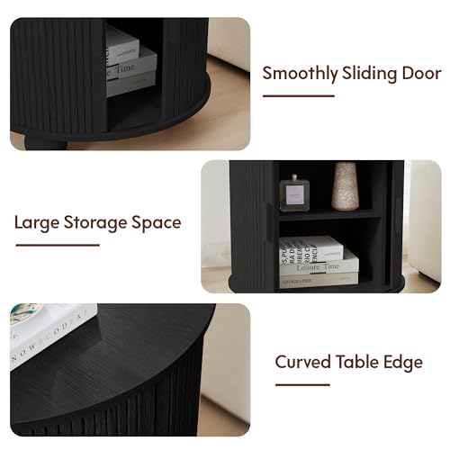 24" Round End Table with Charging Station, Fluted Side Table, Black | Farmhouse Sofa Side Tables Living Room, Mid-Century Wood Nightstand with Sliding Tambour Door & Storage, Round End Table - color: Black