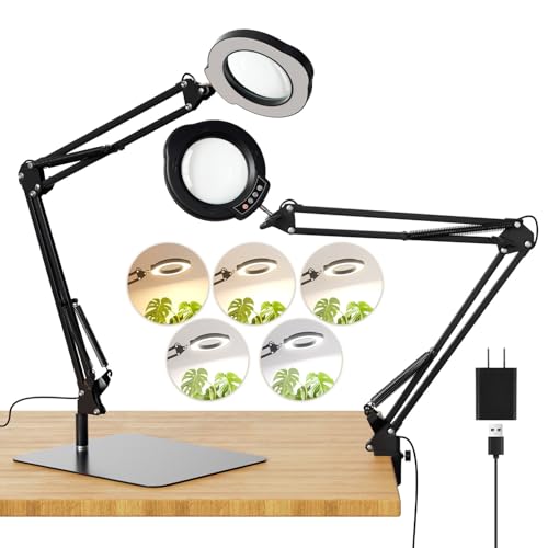 15X LED Magnifying Glass with Light, Base and Clamp Desk Lamp | 84 LEDs with adjustable stand for hands-free reading, crafts, hobbies and close work, black