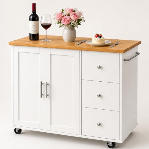 Mobile Kitchen Island on Wheels, Rolling Storage Cart with Drawers, White | 40" Rolling Kitchen Cart , Portable Utility Cart with Locking Casters, for Small Kitchens & Dining Rooms - color: White, size: 40-IN