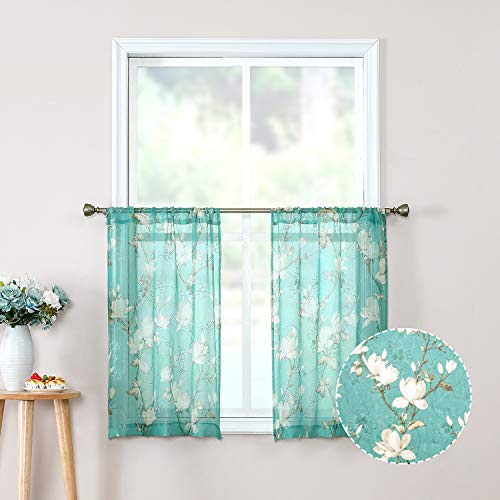 Tollpiz Floral Short Turquoise Sheer Tier Curtains Flower Print Vine Embroidery Kitchen Half Curtain Rod Pocket Café Voile Window Curtains for Bathroom, 30 x 24 inches Long, Set of 2 Panels - color: Turquoise, size: 30"W x 24"L (Pack of 2)