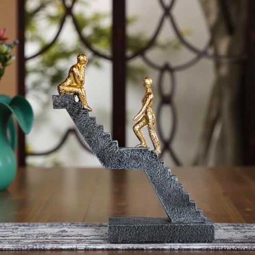 Modern Staircase Sculpture, Gold Figures on Black Steps - color: ‌"dual Gold"‌