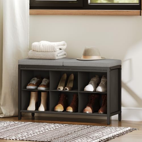 Shoe Storage Bench with Cushion, Entryway Bench, Shoe Rack with Padded Seat and 6 Oxford Compartments, for Closet, Bedroom, Entryway, Black and Gray HX01BK