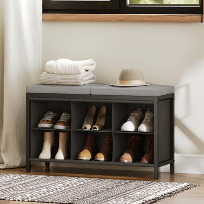 Shoe Storage Bench with Cushion, Entryway Bench, Shoe Rack with Padded Seat and 6 Oxford Compartments, for Closet, Bedroom, Entryway, Black and Gray HX01BK