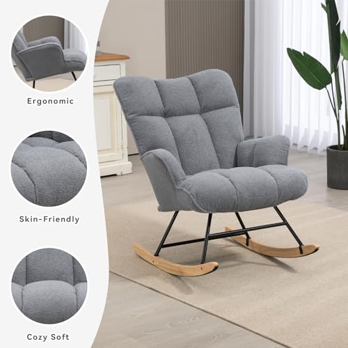 Rocking Chair Nursery Teddy Upholstered Glider Rocker Rocking Accent Chair Padded Seat with High Backrest Armchair Comfy Side Chair for Living Room Bedroom Offices (Darkgrey Teddy) - color: Darkgray