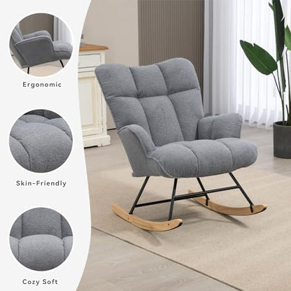Rocking Chair Nursery Teddy Upholstered Glider Rocker Rocking Accent Chair Padded Seat with High Backrest Armchair Comfy Side Chair for Living Room Bedroom Offices (Darkgrey Teddy) - color: Darkgray