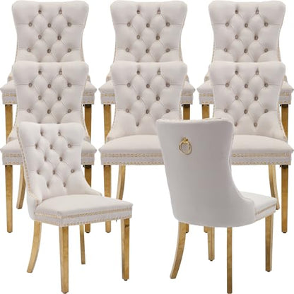 Beige Velvet Dining Chairs Set of 8, Tufted Kitchen & Dining Room Chairs | Eight Fabric Dinning Chairs, Velvet Upholstered, Wing Back, Metal Pull Ring, Gold Legs, Wood Frame, Mid Century Modern - color: A-4 Beige Velvet, Gold Legs, size: 8