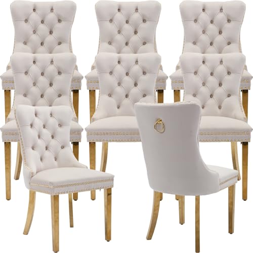 Beige Velvet Dining Chairs Set of 8, Tufted Kitchen & Dining Room Chairs | Eight Fabric Dinning Chairs, Velvet Upholstered, Wing Back, Metal Pull Ring, Gold Legs, Wood Frame, Mid Century Modern - color: A-4 Beige Velvet, Gold Legs, size: 8