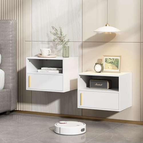Modern Floating Nightstand Set of 2 with Storage Drawer | Wall Mounted Nightstand Bedside Cabinet Wooden End Side Table for Bedroom Small Spaces Living Room White