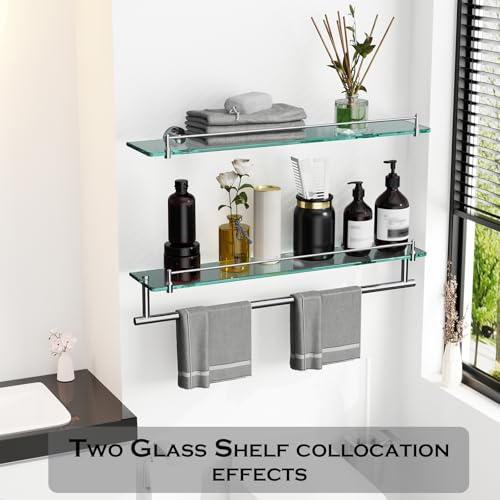 24-Inch Towel Rack with Shelves Tempered Glass Bathroom Shelves with Bar - Chrome Polished Modern Stainless Steel, Wall Mount Rustproof Tower Rail - color: Chrome Polished, size: 24-inch with Railing