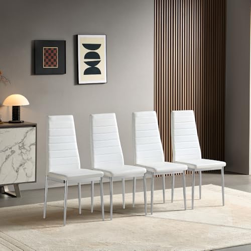 Dining Chair Set for 4 Space Saving Stackable Chairs with Comfortable Seat and Back Support for Small Dining Areas (White + PU) - color: White + Pu