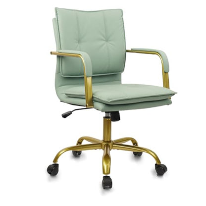 CLATINA Leather Home Office Desk Chairs, Swivel Mid-Back Computer Chair with Golden Legs and Arms, Comfy Upholstered Task Chair with Wheels, Green - color: Green