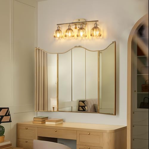 Shenmoyl Bathroom Light Fixtures, 4-Light Brass Vanity wall Light Over Mirror with Amber Tulip Glass Shade for Bedroom Living Room (Bulb Not Included) - color: Yellow Gold Base-Amber, size: 4-light