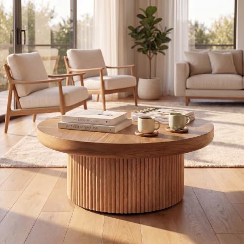 33.5" Round Coffee Table with Real Wood Parquet Top,Natural | Mid-Century Modern Tea Table Center Table, Thickened Tabletop, Sturdy Base for living Room, Easy Assembly - color: E-33.5" Natural