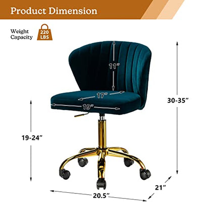 TINA'S HOME Office Desk Chairs with Wheels & Gold Base, Modern Velvet Cute Armless Office Chair, Adjustable Low Back Swivel Rolling Chair, Upholstered Task Chair for Living Room Vanity Study-Teal | Modern Velvet Cute Armless Office Chair, Adjustable Low B