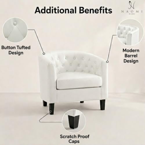 Naomi Home Emma Faux Leather Barrel Accent Chair – Modern Tufted Faux Leather Armchair with Wooden Legs, Wide Seat, Enhanced Back Support for Living Room Décor | Solid wood frame, sturdy legs and easy-clean faux leather create lasting comfort for living r