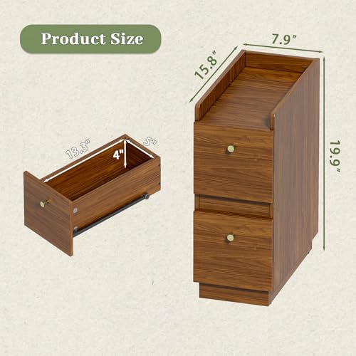 Narrow Night Stands, Modern Slim Nightstand Set of 2, Wooden Skinny Bedside Table 2 Drawers, Stackable Narrow Side Table with Drawers for Small Spaces, Bedroom, Living Room, Walnut Brown - color: Brown (2pcs)