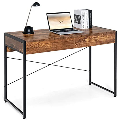 Tangkula Computer Desk with 2 Drawers, 44" Study Writing Table w/Heavy-Duty Steel Frame & Reinforced Structure, PC Desk with Storage for Home Office (Coffee) - color: Coffee