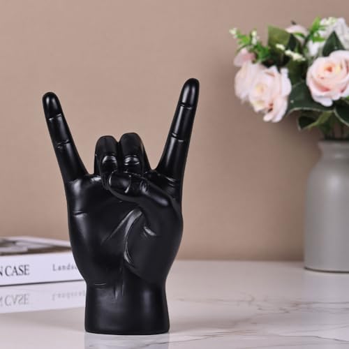 QIANLING 7.7" Black Resin Rock On Hand Gesture Statue - Rock Culture Music Lovers' Decorative Tabletop Sculpture for Bookshelf, Desk & Mantel Decor in Home or Office, Modern Symbolic Figurine - color: Black