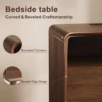 Nasonet Mid Century Modern Nightstand with Charging Station, Wood Bedroom End Tables Set of 2 Nightstands with Drawers, Bedside Table for Living Room, Curved Profile Design, Walnut - color: Walnut, size: 2 Drawers