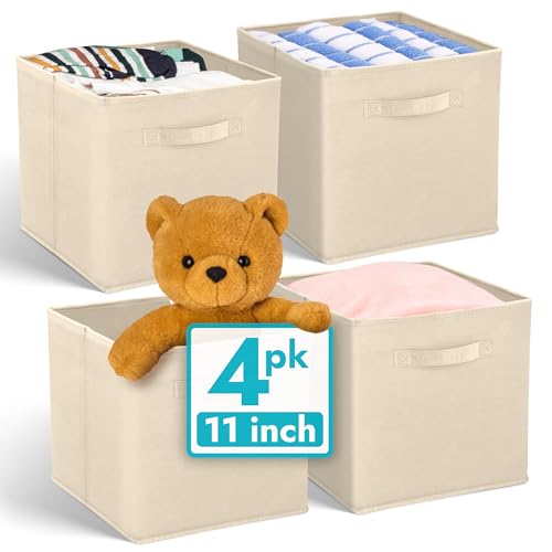Reli. 11 Inch Cube Storage Bins (4 Pack) | Cube Organizer Bins | Collapsible, Foldable Fabric Cubby Box (Square) | 11x11 Fabric Storage Boxes | Kids Room Organization (Beige)