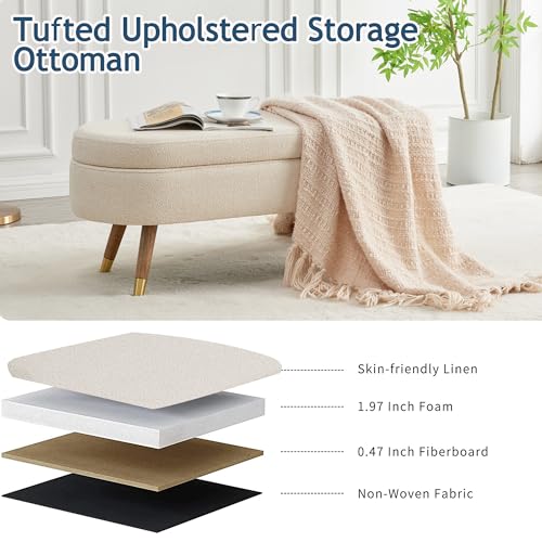 IAFIKE Oval Storage Bench 43.5" Ottoman Bench Upholstered Boucle Fabric Footrest Bench with Golden Metal Legs End of Bed for Bedroom, Living Room, Entryway,Bed Side (Beige) - color: Beige-a