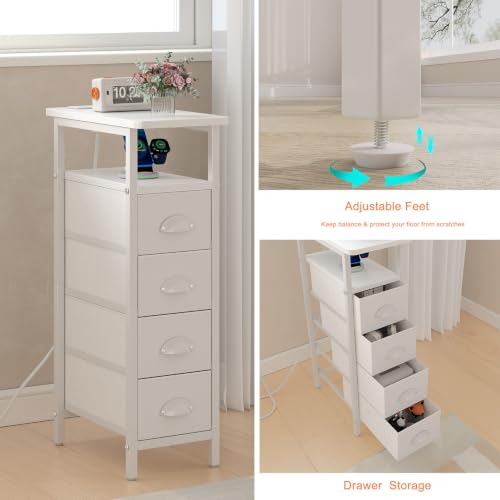 sthmec Nightstand Set 2 with Charging Station, Narrow End Table Set of 2 with 4 Drawers, LED Side Table with Fabric Drawers,Slim Sofa Couch Tables for Small Spaces,Living Room,Bedroom, White - color: White, style: Power & LED
