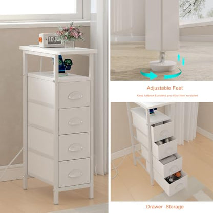 sthmec Nightstand Set 2 with Charging Station, Narrow End Table Set of 2 with 4 Drawers, LED Side Table with Fabric Drawers,Slim Sofa Couch Tables for Small Spaces,Living Room,Bedroom, White - color: White, style: Power & LED