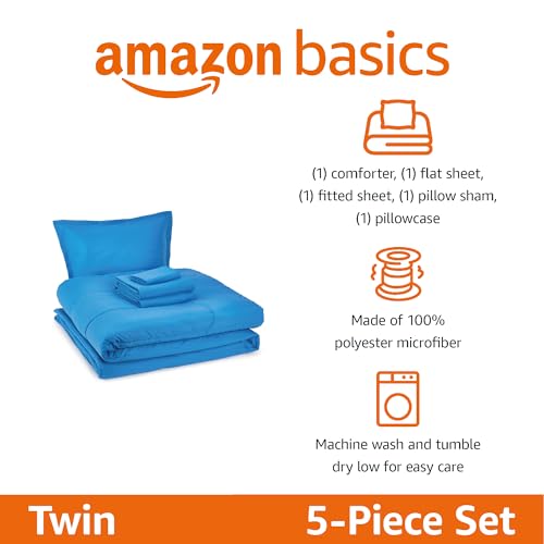 Amazon Basics 5-Piece Microfiber Kid's Bed-in-a-Bag Bedding Set, Twin, Blue, Solid - color: Blue, size: Twin