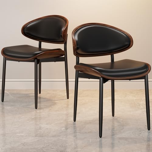 Dining Chairs Set of 2, Mid-Century Modern Upholstered PU Leather Chairs | with Walnut Bentwood Back and Metal Legs Adjustable Feet for Kitchen Dining Room, Black PU - color: Black Pu
