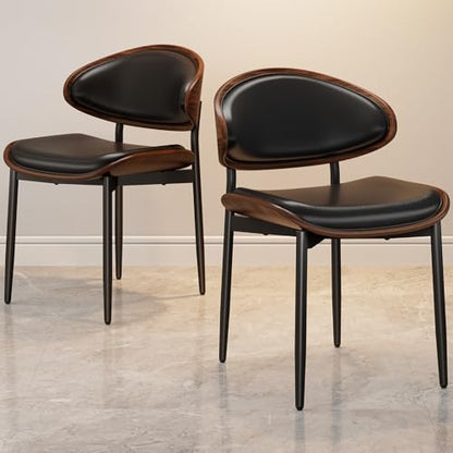 Dining Chairs Set of 2, Mid-Century Modern Upholstered PU Leather Chairs | with Walnut Bentwood Back and Metal Legs Adjustable Feet for Kitchen Dining Room, Black PU - color: Black Pu