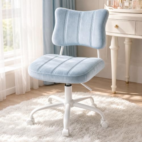 Homkdom Velvet Vanity Chair with Bow Backrest & Height Adjustable,Bedroom | Armless,360 Swivel,Silent Casters for Dressing Room & Living Room, Home Office,Make up,Reading,Blue - color: Blue