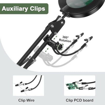 Magnifying Glass with Light, EOOKU 3-in-1 Magnifying Desk Lamp 5X LED Magnifying Lamp with Heavy Base & Clamp, 5 Color Modes Stepless Dimmable, Magnifier Light for Soldering Craft Workbench