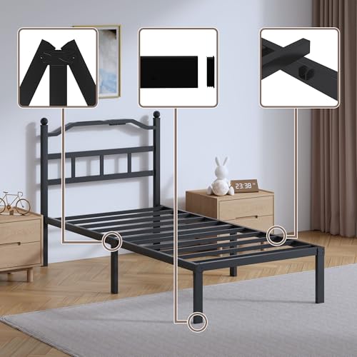 SHOANED Metal Bed Frame with Headboard - 14 Inch Twin XL Size Heavy Duty Bedframe with Charging Station Black Basic Steel Slats Platform No Box Spring Needed/Noise Free - size: Twin XL, style: 14 Inch with Charging Station