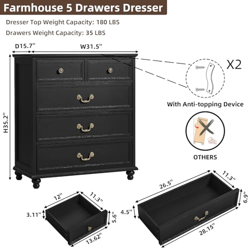 Joaxswe Farmhouse 5 Drawer Dresser Set of 2 for Bedroom, 35" Tall Rustic Chests of Drawers w/ 4 Solid Wood Feet, Mid Century Vintage Wooden Closet Storage Dressers Organizer for Living Room,Black - color: Black, size: 15.7"D x 31.5"W x 35.2"H (5 Drawers)