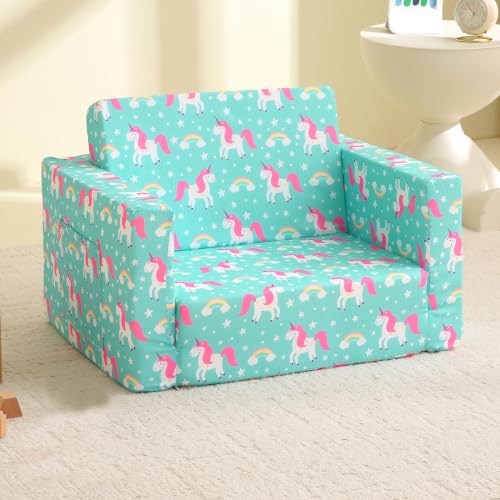lasoftan Toddler Couch, 2-in-1 Soft Kids Couch Bed Fold Out, Toddler Chairs Comfy for Boys & Girls, Convertible Kids Sofa for Playroom, Gift for Birthday, Children's Day - Blue Unicorns - color: Blue Unicorns