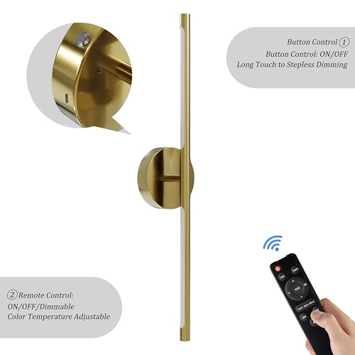 24" Battery Operated Wall Sconce Set of 2, 350° Rotating Lamp, Gold | Wireless, 8000mAh Rechargeable Battery, Stepless Dimming, 3000K-6000K, Remote & Touch Control, Timer, Living Room, Bedroom - color: Gold, size: 24 Inch (2 Pack)