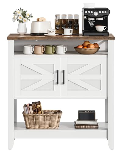 Console Table, Farmhouse Sofa Table with Power Outlet, Coffee Bar Cabinet with Storage, Entryway Table, Coffee Bar Table, for Entrance, Hallway, Kitchen, White and Walnut MXG01UWL