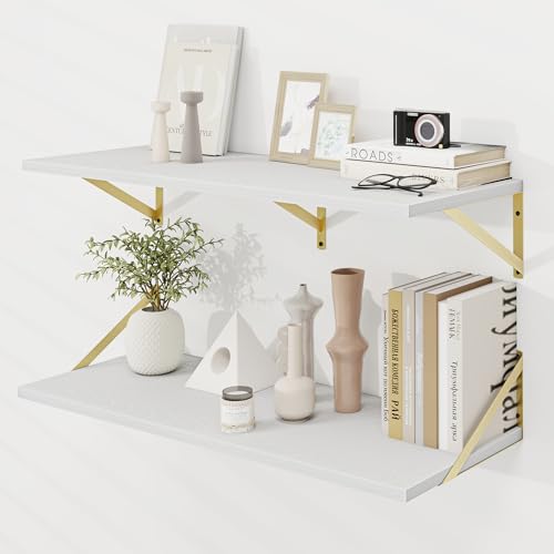 Dreamland Wall Mounted Floating Shelves Set of 2, 36x12, White&Gold | Engineered Wood, Visible Bracket, Large Storage, Hold Up to 60lbs, Living Room, Bathroom, Bedroom, Kitchen - color: White&gold, size: 36"W x 12"D